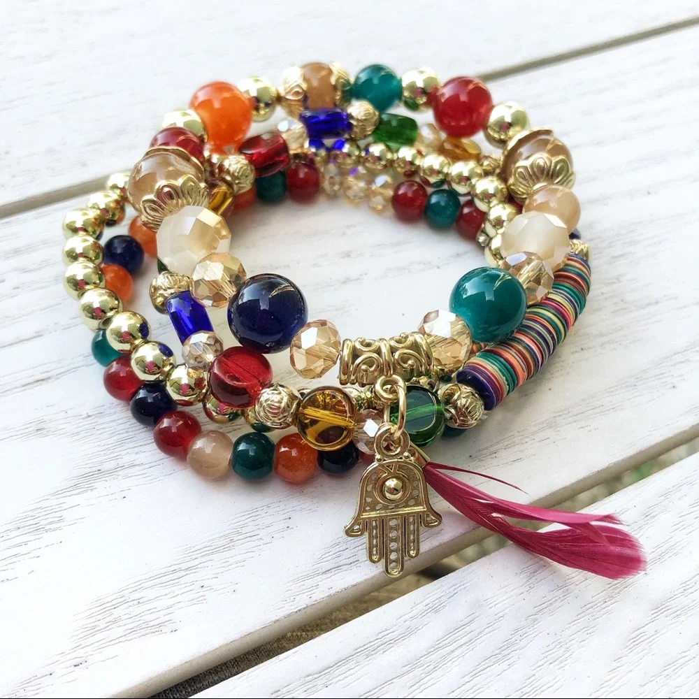 Beads Charm Vintage Bohemian Feather Bracelet Multi color Palm Feather - Picture 1 of 3